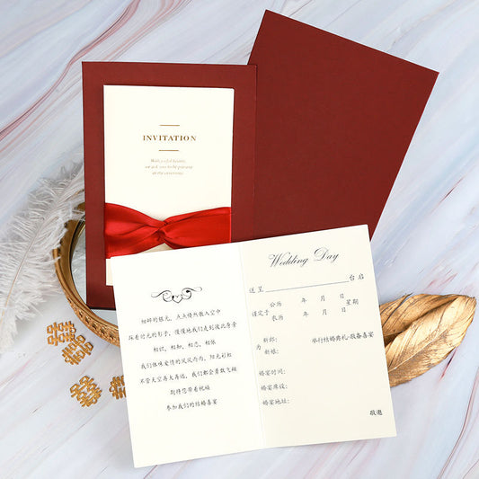 MCT Ins Style Rose Laser Cut Wedding Invitations Cards with Ribbon, Printable Paper with Burgundy Ribbons For Wedding Bridal Shower Engagement Sweet 16 Birthday Invite (20pcs )